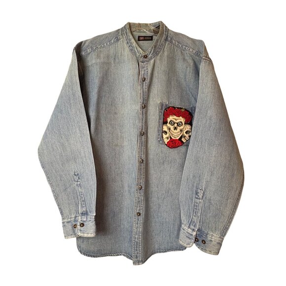 Denim Button-Up Shirt Skull Rose Pocket Design Mens Large Skull Buttons Vintage - Picture 1 of 8